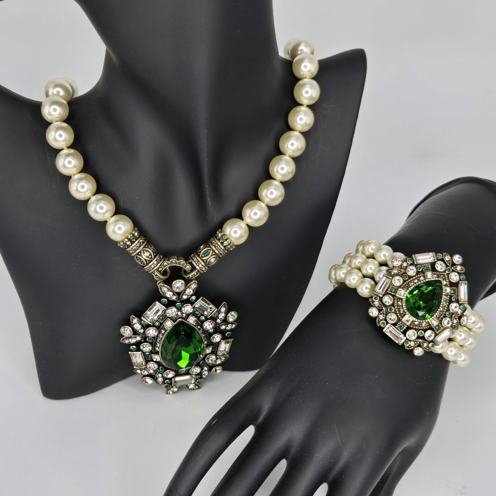 Heidi‎ Daus Convertible Necklace Brooch & Bracelet Dazzling Decade Emerald Pearl